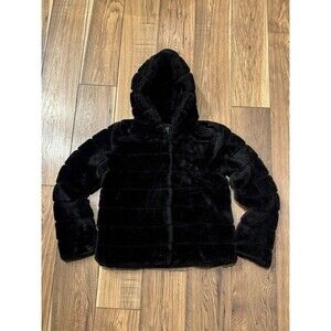 Ci Sono Black Hooded Faux Fur Coat Women's Size M Mobwife Glam Hollywood Winter